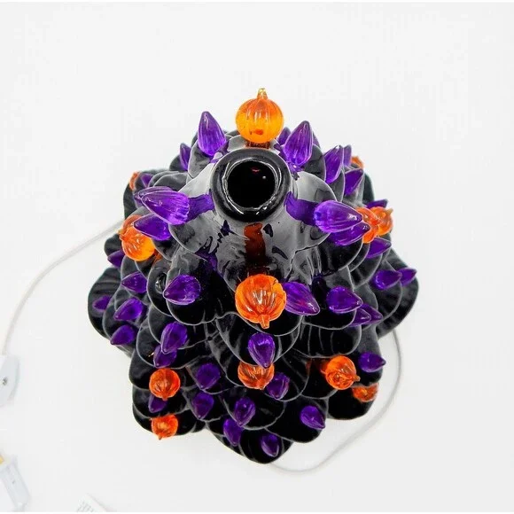 Halloween Tabletop Light Up Tree Ceramic 13 Inch Black Orange Purple